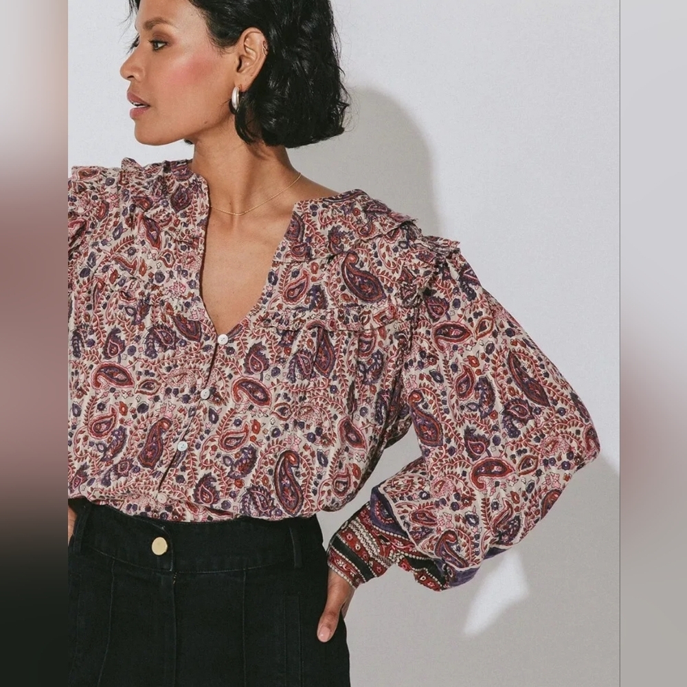 Cleobella Paisley Button-Front Blouse in Mauve and Navy - Picture 4 of 14